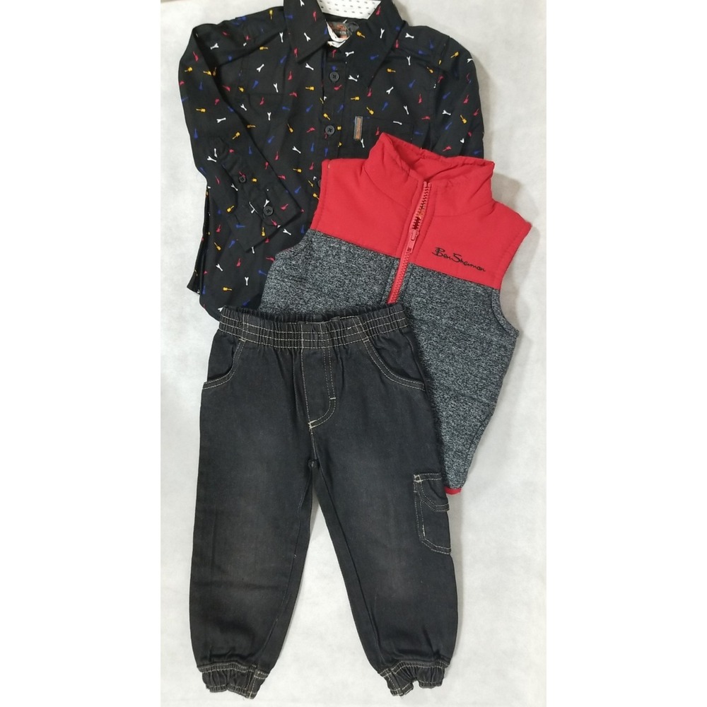 BEN SHERMAN Toddler Boys 3pc Set Size 2T Puffer Vest Shirt Jogger Jean Pant NWT‎